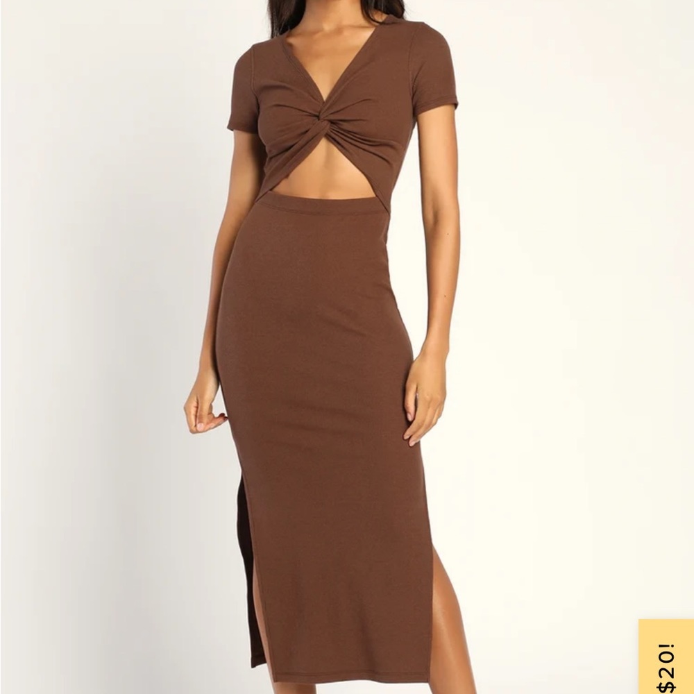 NWT: Lulus Style Twist Brown Twist Front Cutout Midi Dress